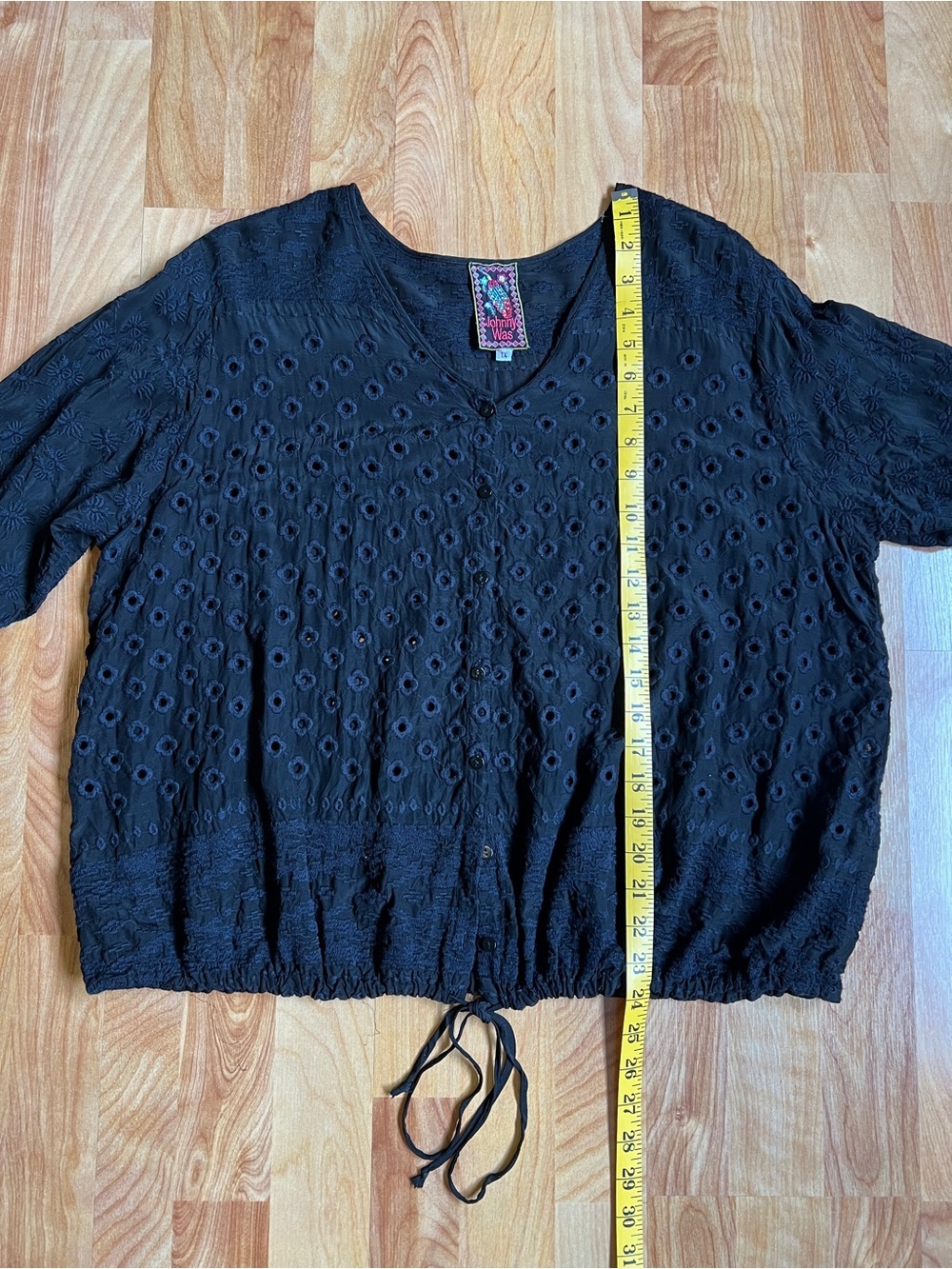 Johnny Was Black Eyelet Button Front Drawstring Peasant Blouse - Picture 8 of 10